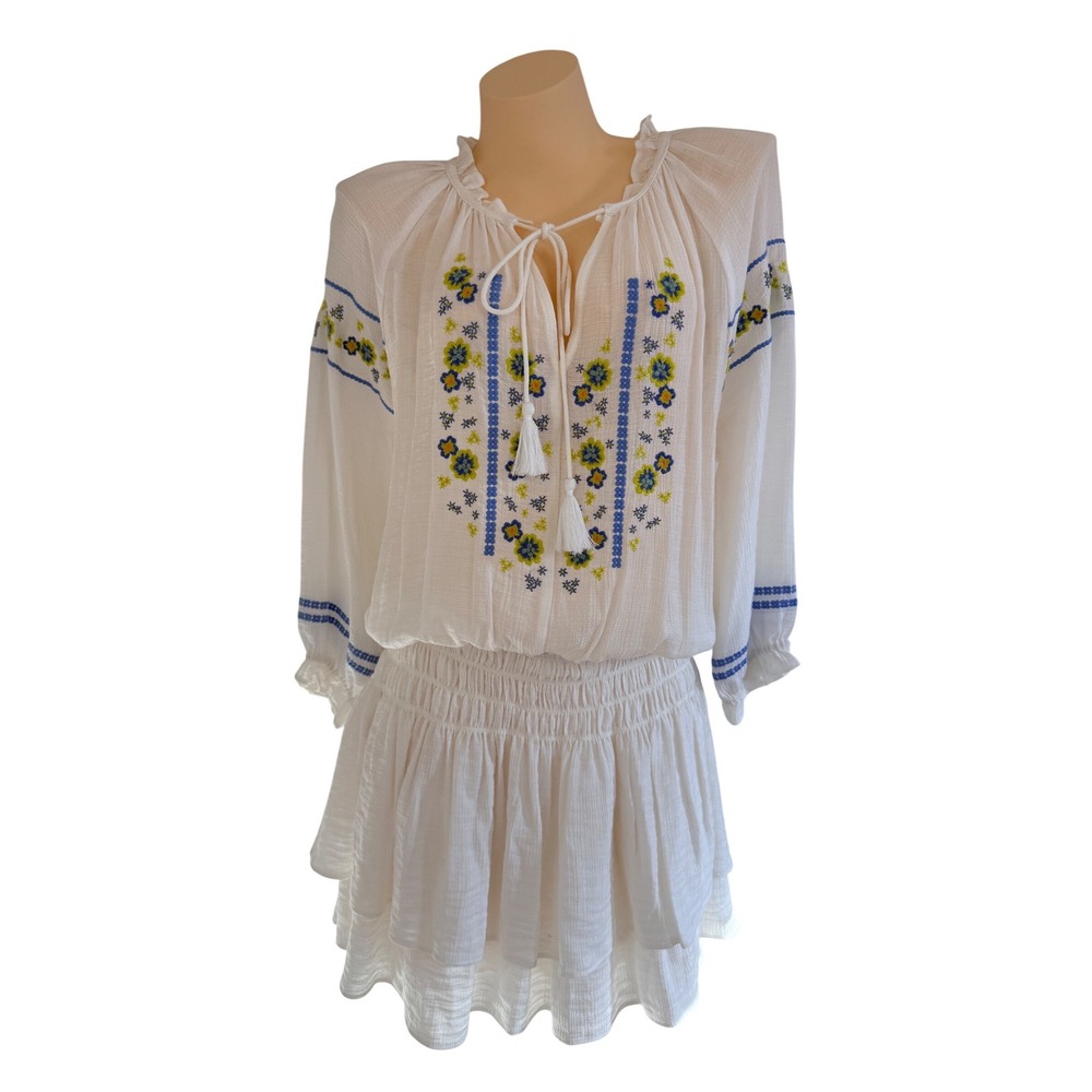 Current Air White Embroidered Boho Gauze Tiered Mini Dress Large Tassel Tie